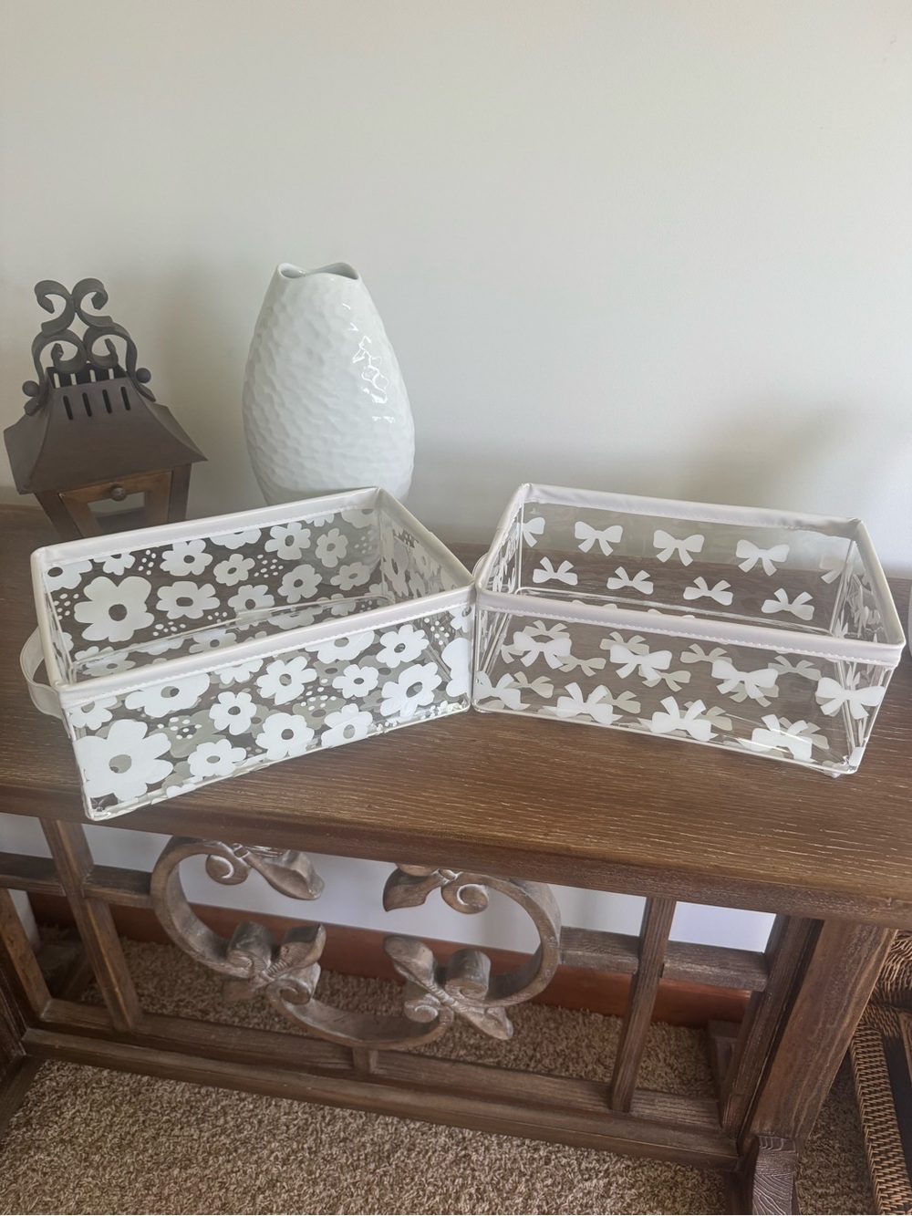 TAYLOR MADISON WH/BOWS & WHITE FLORAL RECTANGLE  VINYL BATH STORAGE CONTAINERS